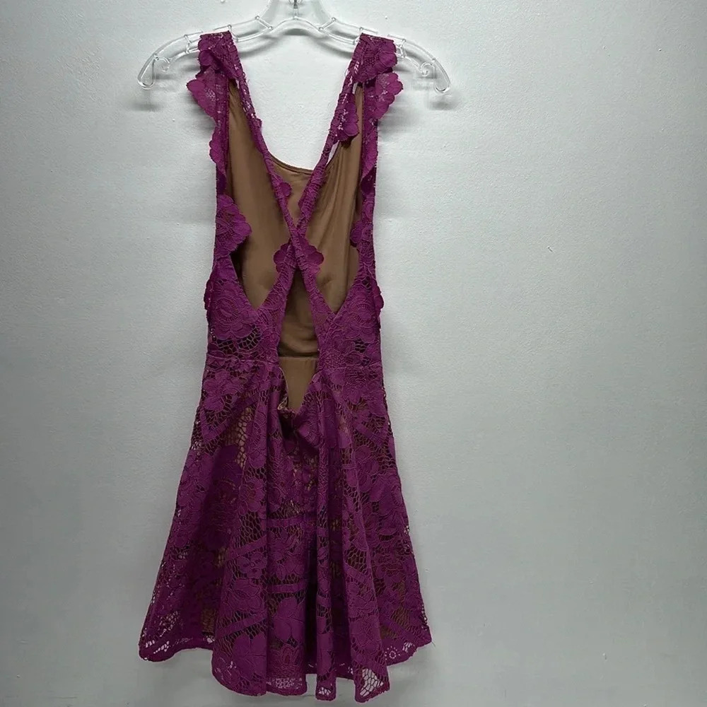 For Love & Lemons Gianna Apron Mini Dress Floral Lace Sleeveless Open Purple XS - Picture 6 of 13